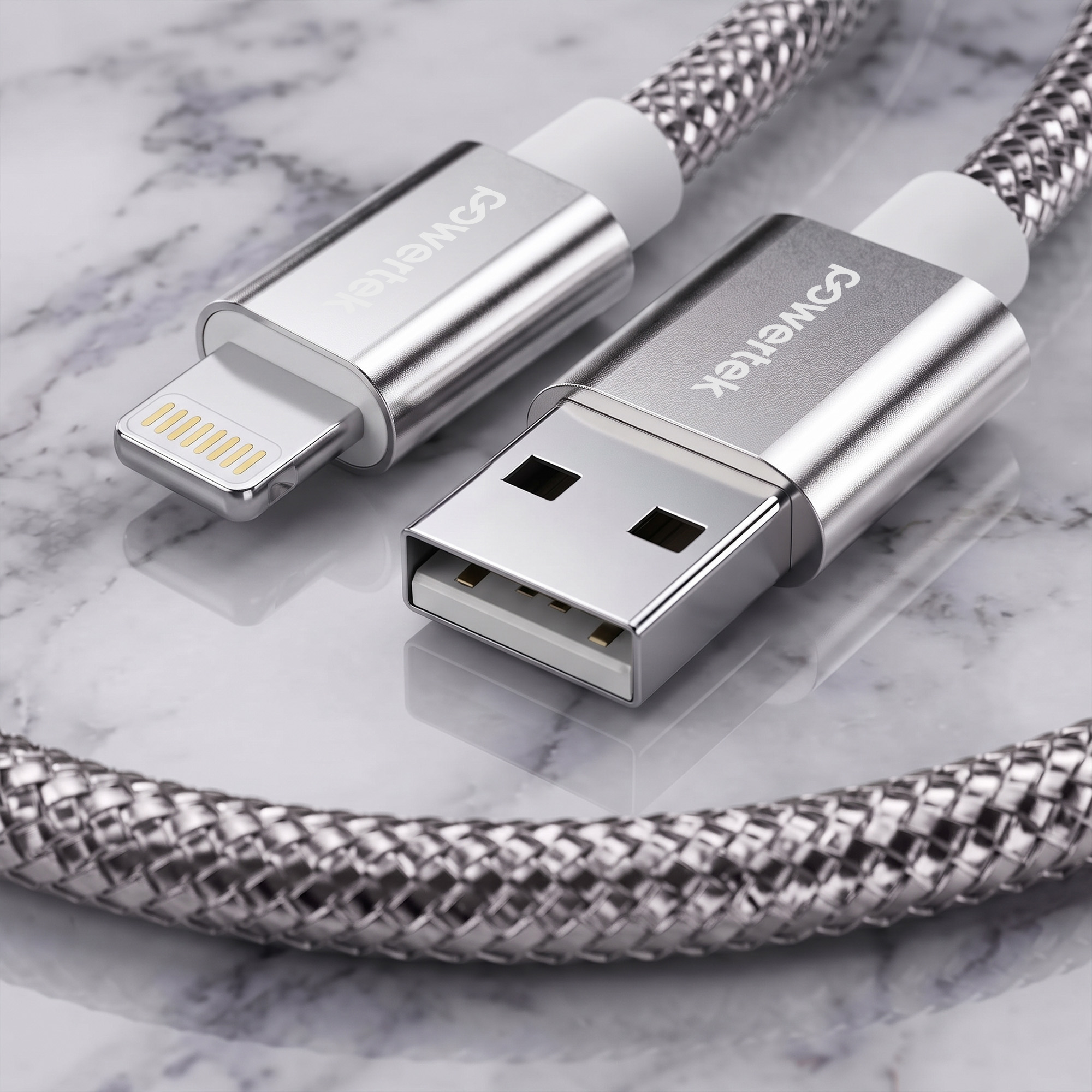 Liquipel Powertek Luxe USB-A to Lightning Cable, 6ft, Silver photo 8