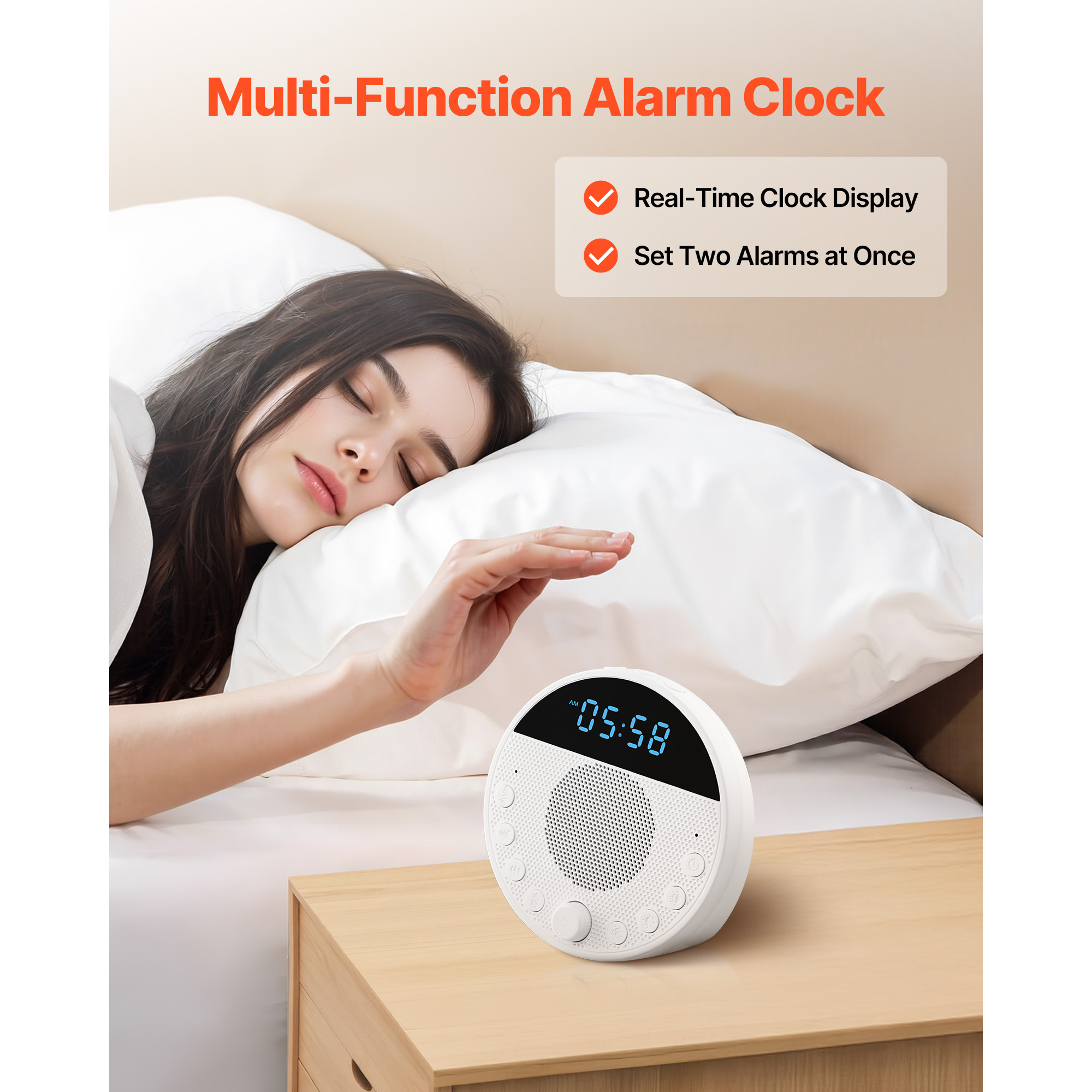 KFFKFF 5-in-1 Sound Machine with 18 Relaxing Sounds, 7-Color Night Light, Dual Alarms, Auto-Off Timer, and Memory Function for Home, Office, Travel, and All Ages
