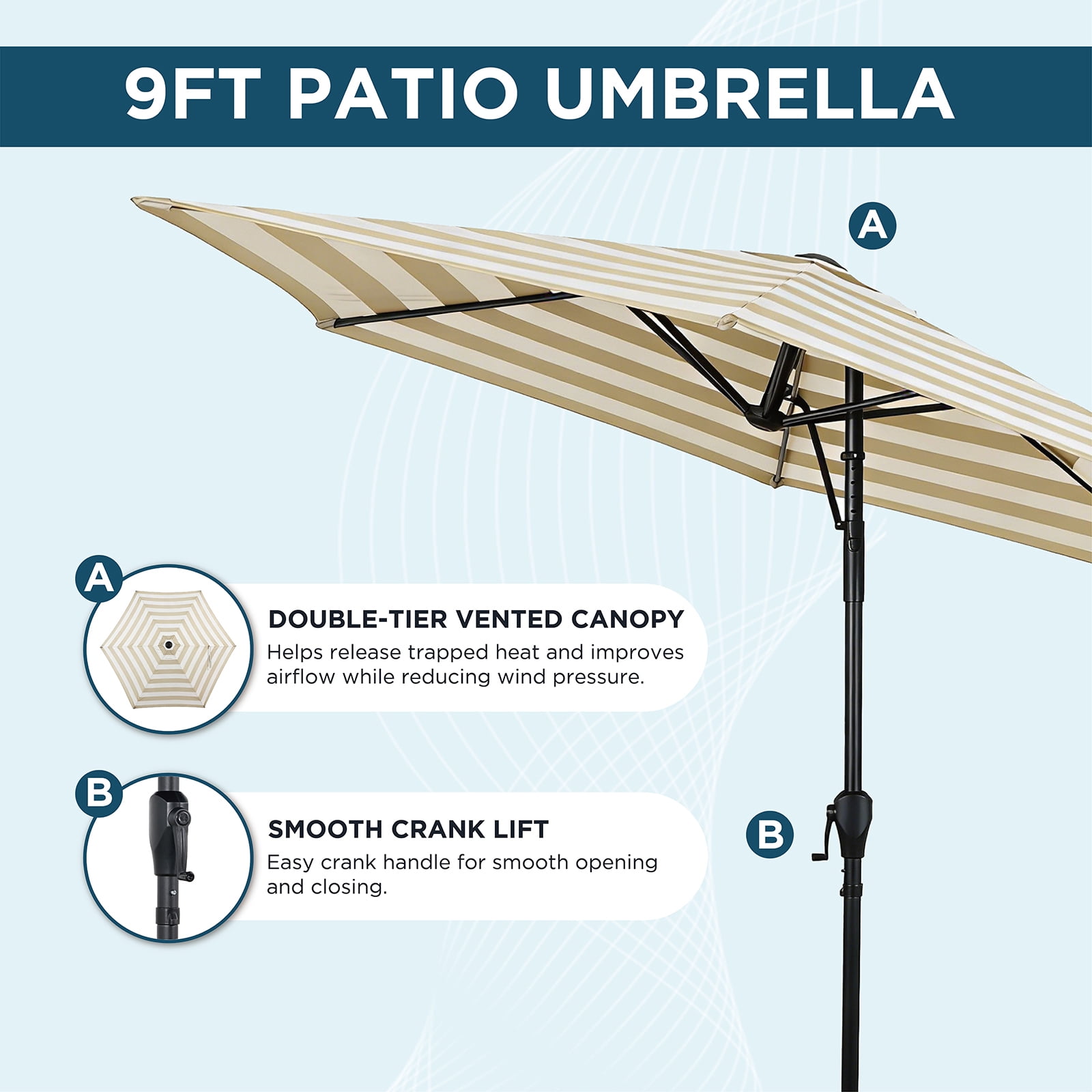 AE Outdoor 9FT Patio Umbrella Outdoor Table Umbrella with Easy Angle Adjustment & Crank Lift – Water Repellent & UV Protection Fade Resistant Canopy – Heavy Duty 6 Ribs for Wind Resistance