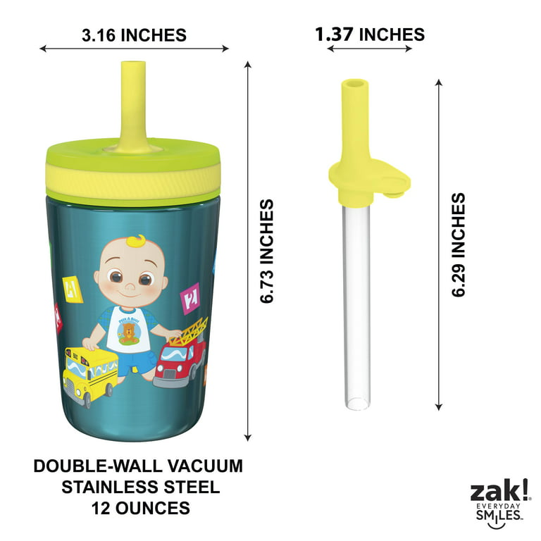 Zak Designs Cocomelon Kelso Tumbler Set, Leak-Proof Screw-On Lid with Straw, Bundle for Kids Includes Plastic and Stainless Steel Cups with Bonus