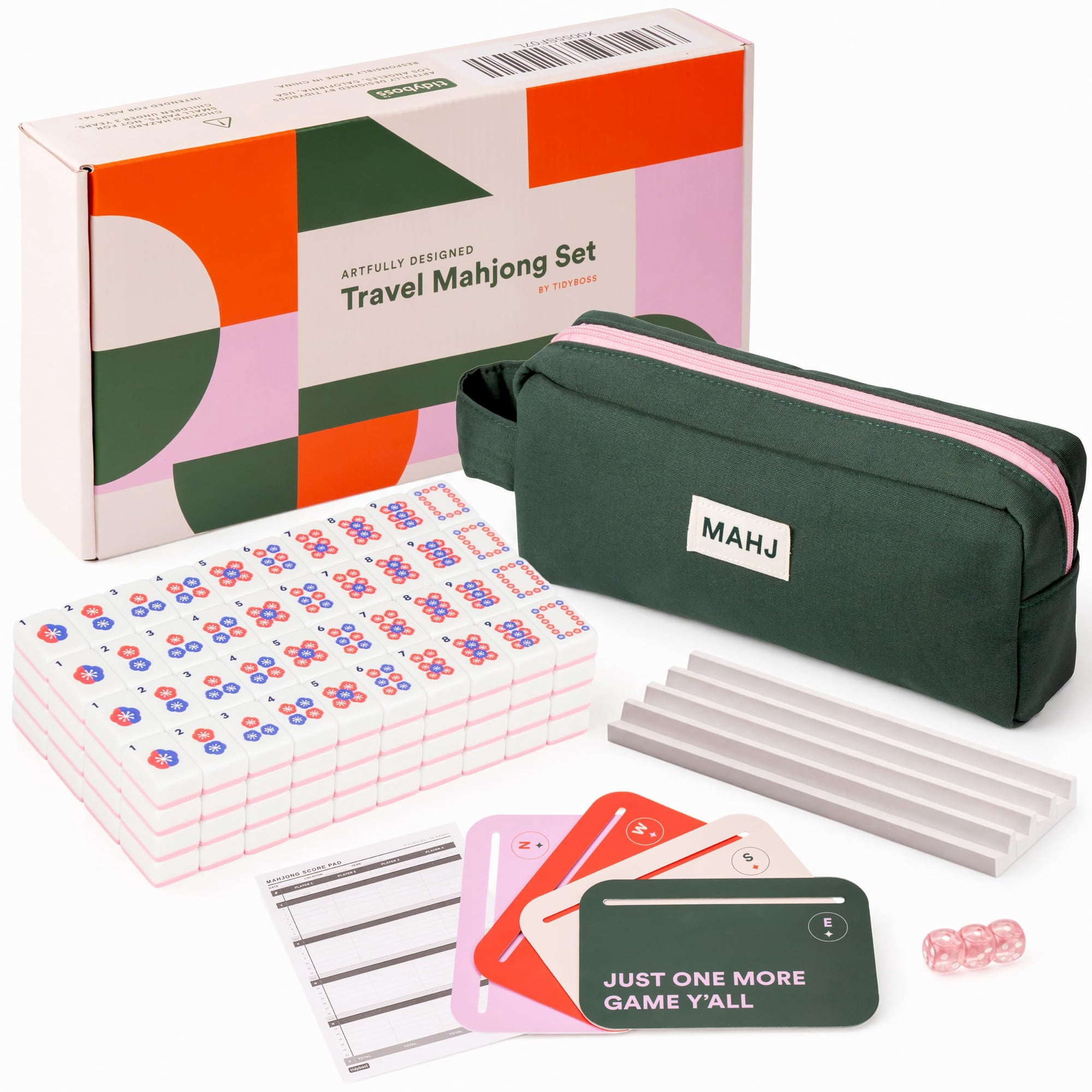 TIDYBOSS Travel Mahjong Set – Complete Mahjong Game Set with 160 Mini Mahjong Tiles 4 Shuffle Line-Reader Cards 4 Rulers Carrying Case & Score Pad – Portable Chinese Mahjong Tile Set for Travel
