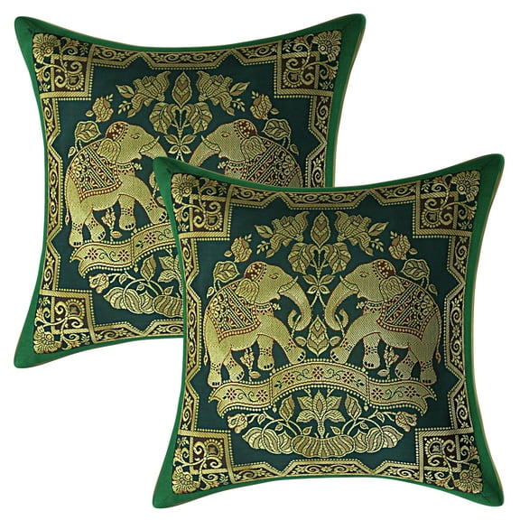 Stylo Culture Ethnic Living Room Brocade Dark Green And Gold Throw Pillow Covers 12x12 Jacquard Weave Banarsi Indoor Outdoor Pillow Covers Elephant 30x30 cm Decorative Cushion Covers (Set Of 2)