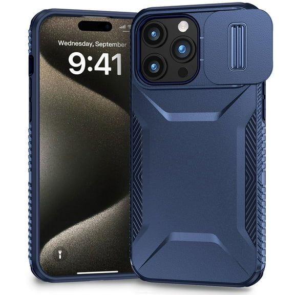 for iPhone 15 Pro Case with Sliding Camera Lens Cover, Shockproof Rugged Hard PC Back & TPU Edge Military Grade Dual-Layers Protection Non-Slip Phone Case for iPhone 15 Pro, Blue