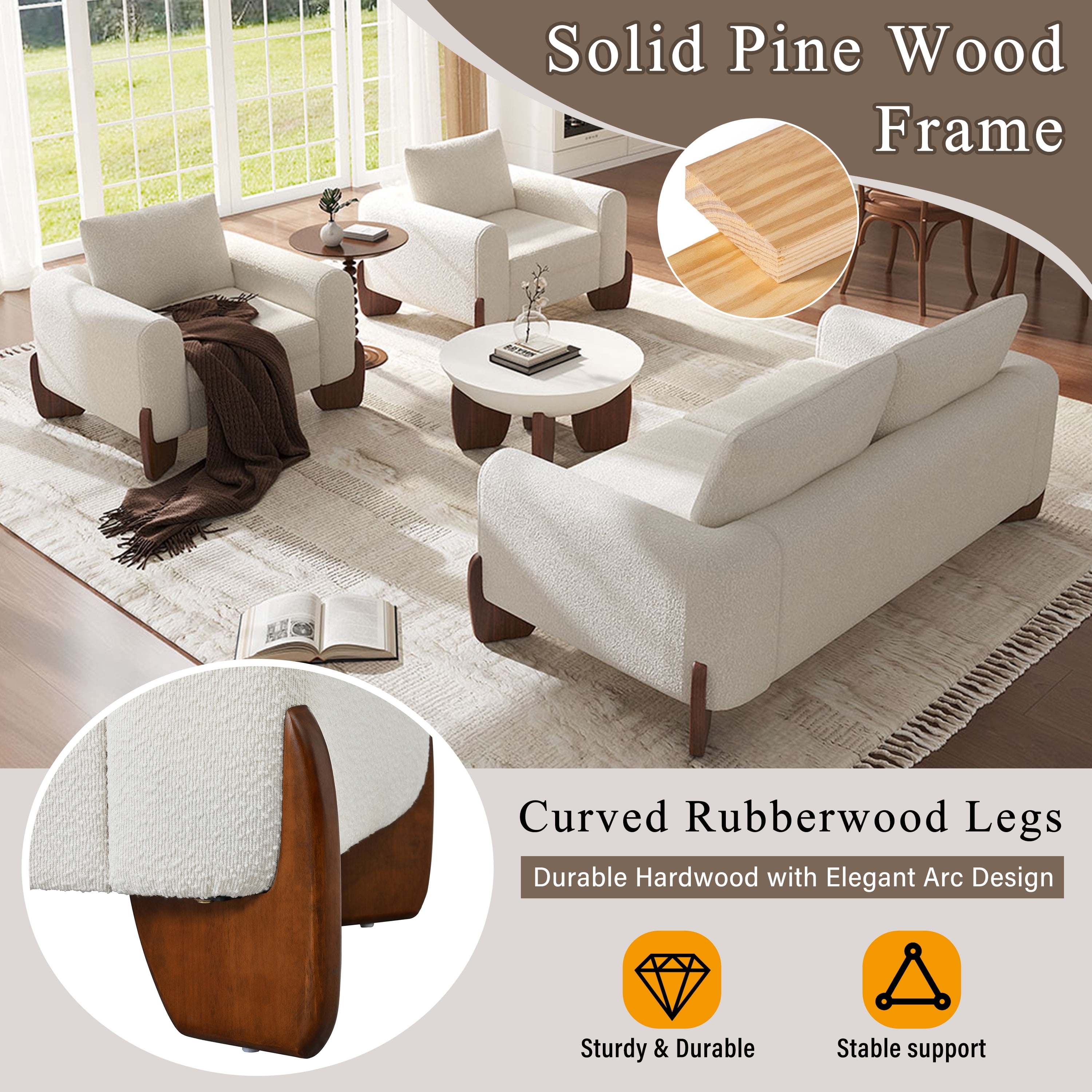 Mintazer Modern 3-Piece Sofa Set, 74.2" Loveseat + 2 Accent Chairs, Modular Upholstered Sofa for Living Room & Family Room, Beige (Table Not Included)