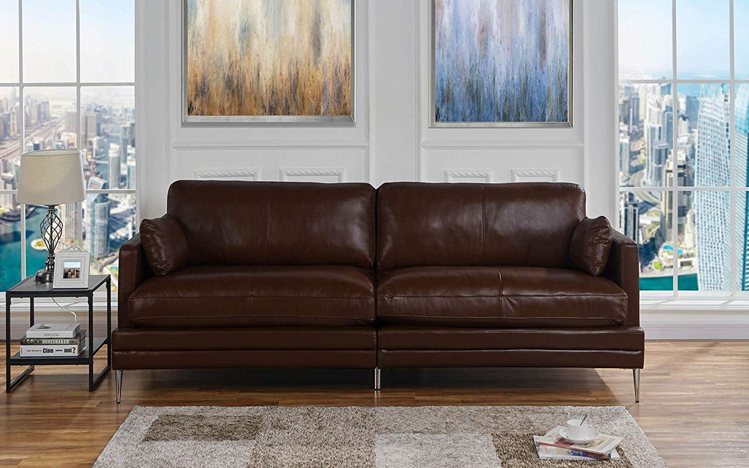 Mid Century Modern Plush Leather Living Room Sofa Black