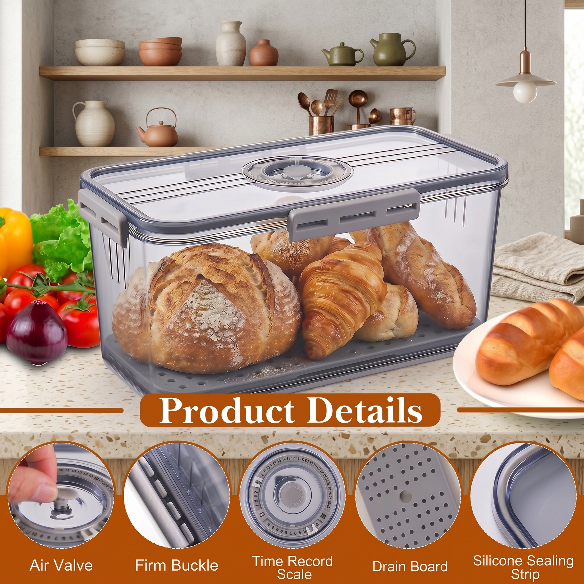 AMBLER Bread Box with Time Recording Dial, Grey photo 3