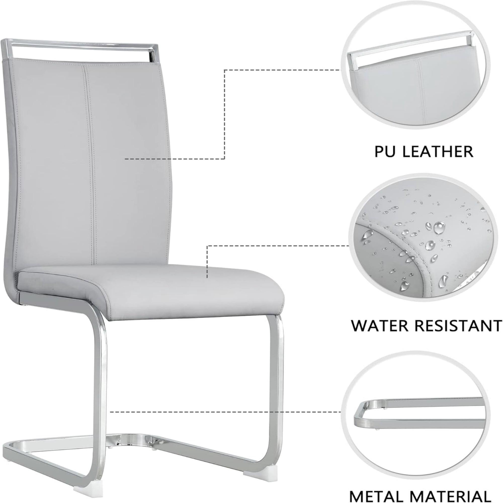 SUDICA Set of 4 Light Gray PU Leather Dining Chairs, Modern Upholstered High Back Kitchen Chairs with Chrome Metal Legs for Dining Room
