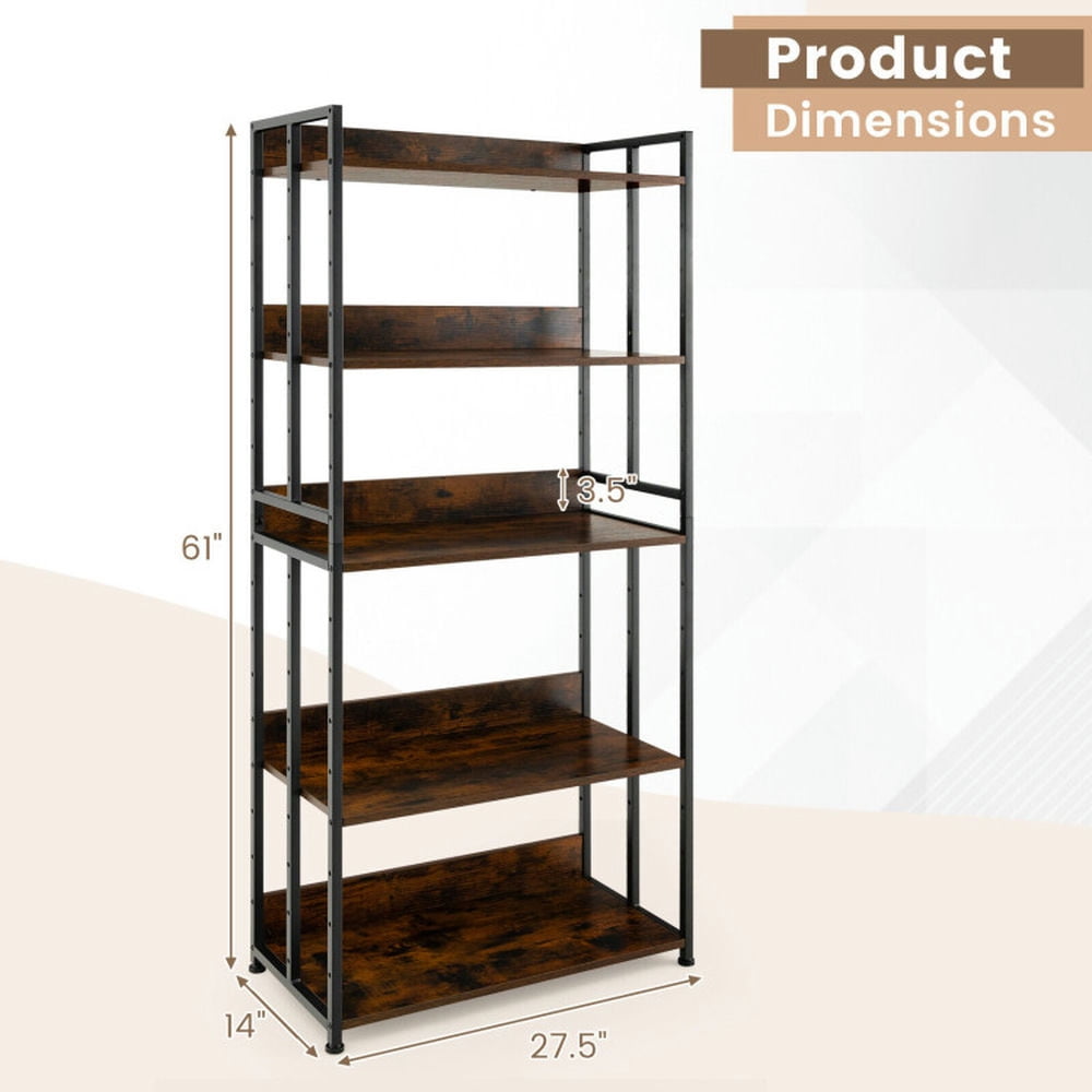 Demi Bonn 5-Tier Industrial Bookshelf Storage Shelf Display Rack with Adjustable Shelves, Brown