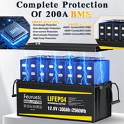 12V 200Ah LiFePO4 Lithium Battery, Built-in 200A BMS, 15000+ Deep Cycles, 2560W Max Pow, Perfect for RV, Solar, Marine, Off-Grid Energy Storage
