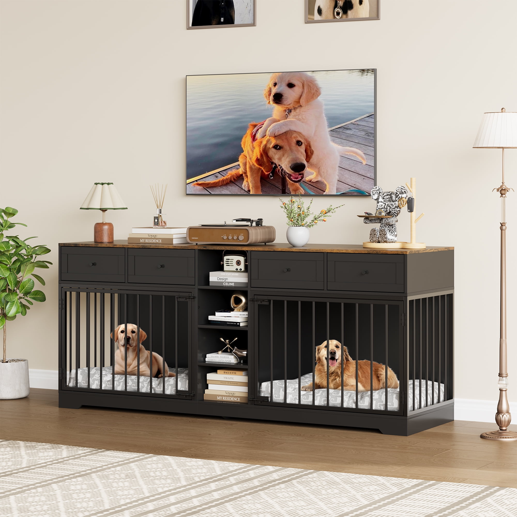 Garvee 82” Large Dog Crate for 2 Dogs, Double Dog Kennel Furniture with 4 Drawers & Shelves, Heavy-Duty Wooden Dog Crate TV Stand, Indoor Dog Cage for Medium to Large Dogs, Black