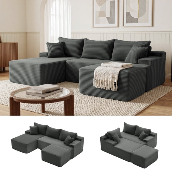 Mangodan Cloud Sectional Boneless Couch, Modular Sectional Comfy U Shaped Sofa with Deep Seat Left Facing Chaise (Gray, 5 Seater)