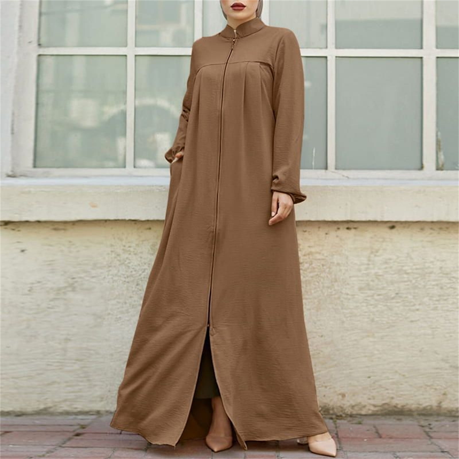 Womens Abaya Muslim Long Sleeve Front Zipper Dress Prayer Islamic Clothes with Pockets