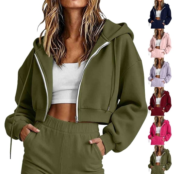 Sweatshirt For Women Solid Color Sports Sweatshirt Zip Hooded Long Sleeve No Pockets Cropped Sweatshirts Fall Spring Track Jackets With Pockets