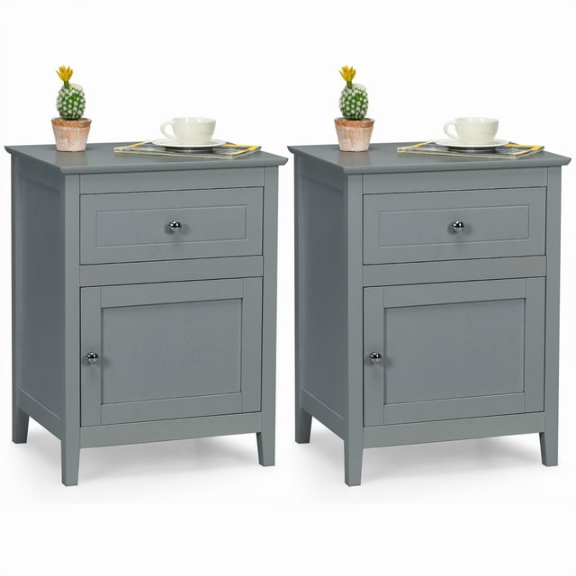 Costway Table de Chevet 2 Pcs Tiroir Table d'Appoint Bout de Canapé Armoire de Rangement Gris