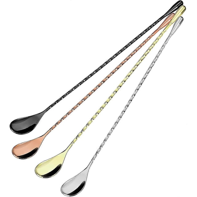 4 Piece Cocktail Spoon Sticks Long Handle Stainless Steel Spiral Pattern Cocktail Spoon, 12", 4 Colors (Silver, Gold, Pink, Black)