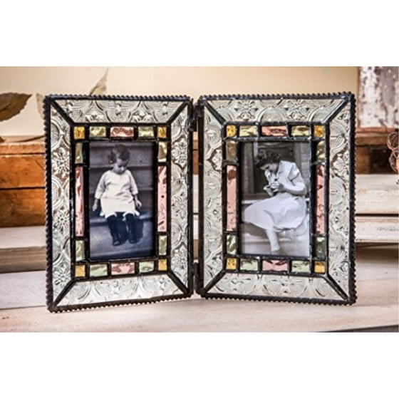 J Devlin Pic 137 2 Double Picture Frame Tabletop 2x3 Photo J Devlin Pic 137 2 Double Picture Frame Tabletop 2x3 Photo Colorful Stained Glass Sage Green Pale Purple Amber Holds Two Photos Com