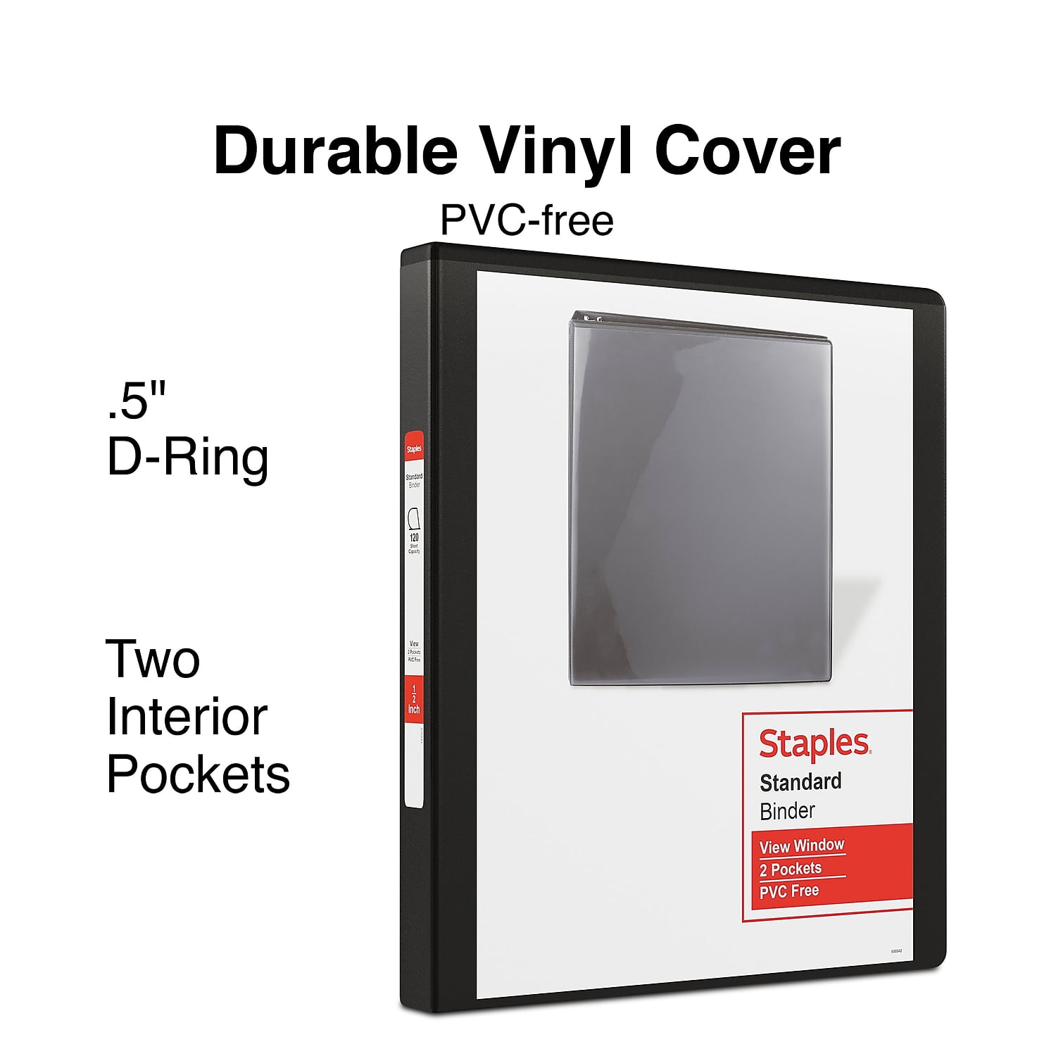 Staples Standard 1/2' 3-Ring View Binder Black (26425-CC) 82616