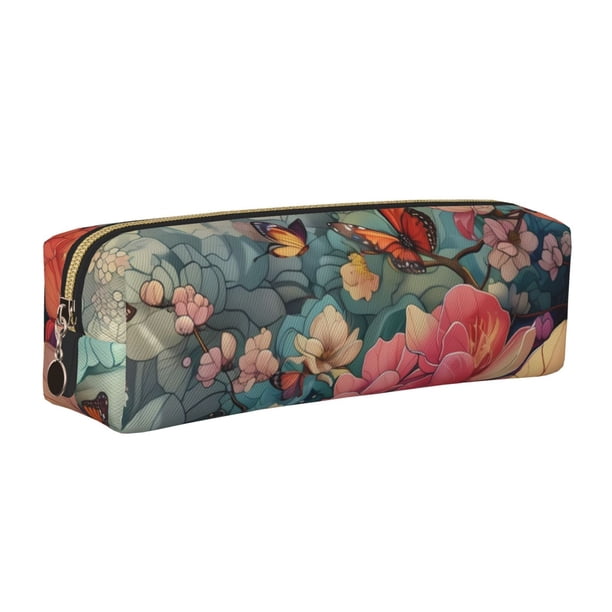 Easygdp Butterflies In Blooming Garden para Estuche de Lápices de Cuero, Estuche de Papelería de Cuero, Estuche de Gran Capacidad con Cremallera
