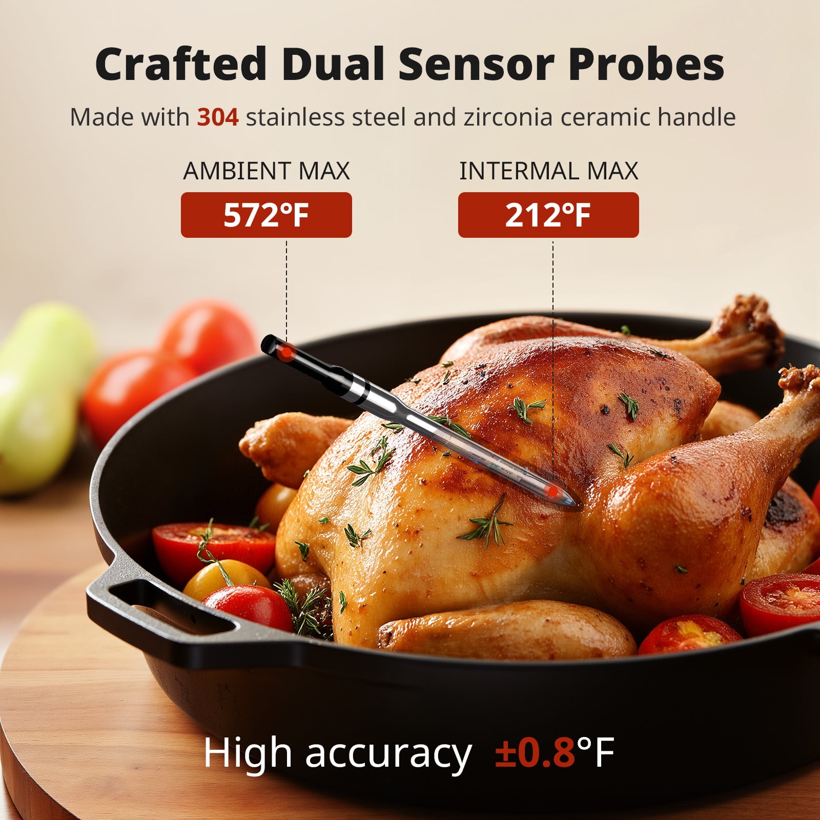 AIRMSEN 600FT Wireless Meat Thermometer, Bluetooth 5.4 Digital Food Cooking Thermometer with Standalone Base, 72H Battery & 20-Min Meat Probe, for Oven, Smoker, Grill, BBQ, and Rotisserie