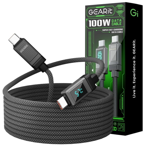 GEARit 100W Braided USB C Charger Cable with Smart Digital Display for iPhone, iPada, Macbook, Samsung, Steam Deck
