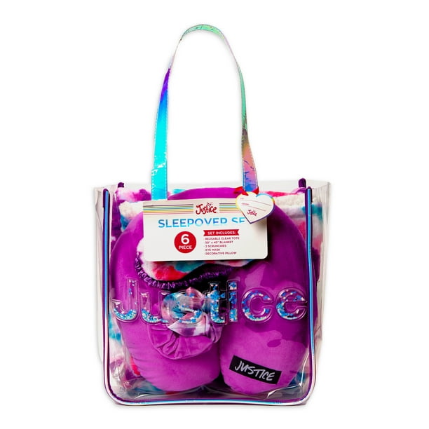 Justice Girls Sleepover Clear Tote Handbag 6Piece Set Lavender