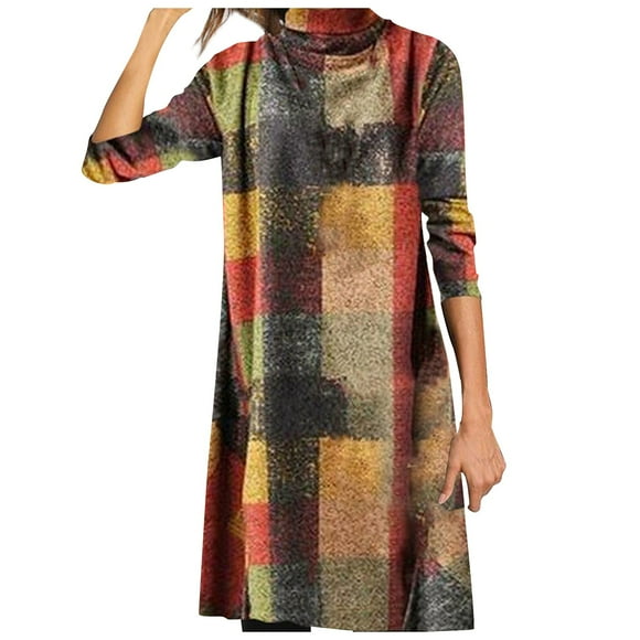 CEHVOM Women Retro Thick Cashmere Brushed High Neck Long Sleeve Plaid Dress Sale