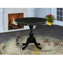 East West Furniture Round Small Dining Table Wire Brushed Black Color Table Top Surface and Asian Wood Small Table Pedestal Legs - Black Finish