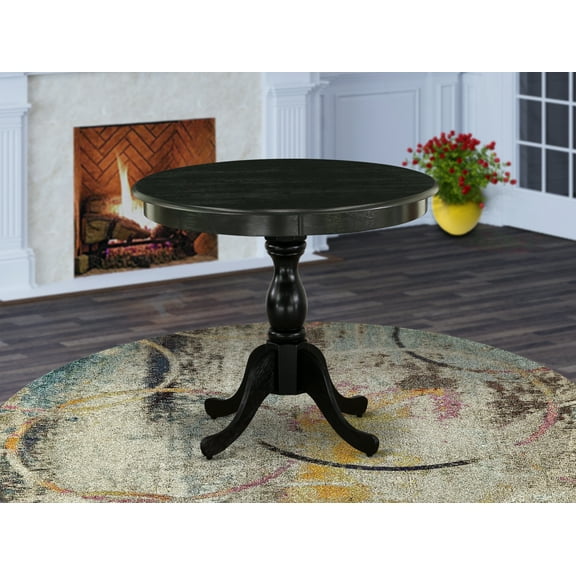 East West Furniture Round Small Dining Table Wire Brushed Black Color Table Top Surface and Asian Wood Small Table Pedestal Legs - Black Finish