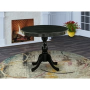 East West Furniture Round Small Dining Table Wire Brushed Black Color Table Top Surface and Asian Wood Small Table Pedestal Legs - Black Finish