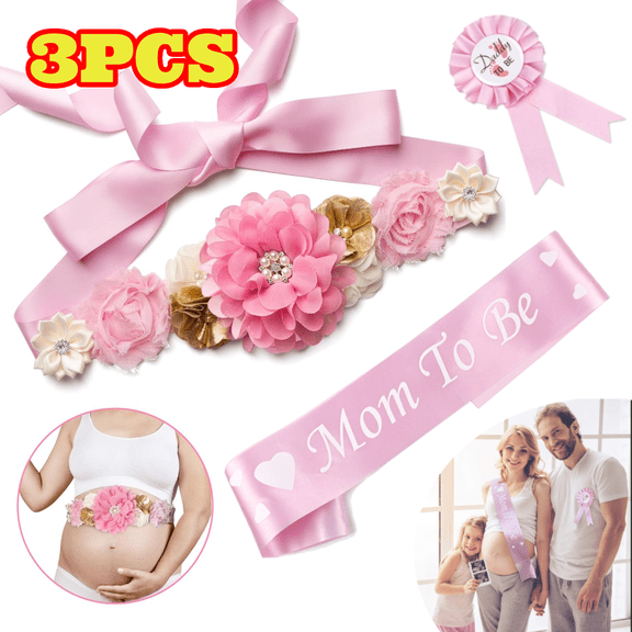 Baby Shower Maternity Sash Belly Belt, Pink Mom to Be & Dad to Be Button Pin, Pregnancy Flower Sash Belt for Gender Reveal Party