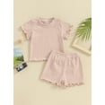 thumbnail image 2 of FEORJGP Kids Baby Girl Summer Outfits 6M 1T 2T 3T 4T Toddler Short Sleeve T-Shirt Lettuce Trim Striped Tops Crew Neck Shirt + Elastic Waist Shorts Set Infant Cute Casual Comfy Clothes, 2 of 9