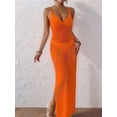 thumbnail image 2 of Womens Crochet Knit Sheer Summer Backless V Neck Side Slit Bathing Suit Cover Up Midi Dress Orange One Size, 2 of 6