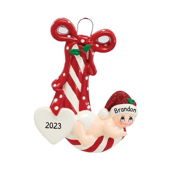 Ornaments by Elves Personalized Baby Christmas Ornament 2024 Baby Red Candy Cane Ornaments .25lbs