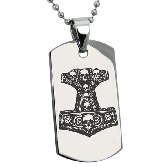 Stainless Steel Mjolnir Thor's Black Skull Hammer Engraved Dog Tag Pendant Necklace