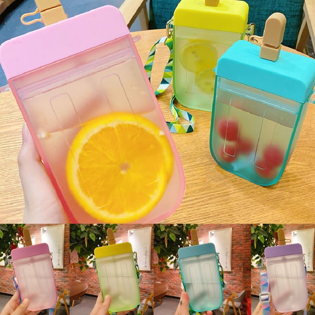 Neinkie Cute Kids Water Bottles with Straws, Creative Ice Cream Popsicle Leakproof Plastic Drink Water Bottles, BPA Free, Adjustable Shoulder Strap, for Sports Travel-7.99" x 4.21" x 1.73"