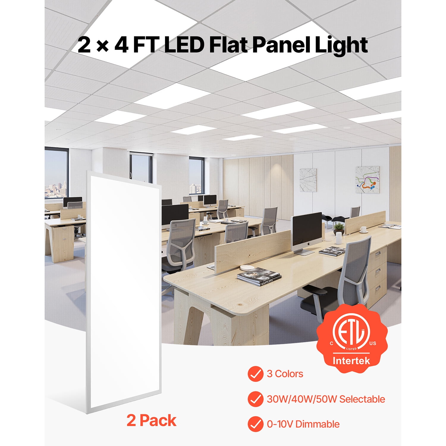 KFFKFF 2x4 FT LED Flat Panel Light, 7800 LM, Flush Mount Ceiling Lighting Fixture with Adjustable Color Temperatures 4000K/5000K/6000K, 30W/40W/50W, 0-10V Dimmable, Slim Design for Residential