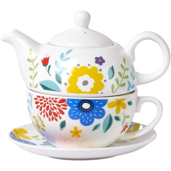 CZQ Tea for One Porcelain Teapot and Cup Set, Tea Set for One, Floral Teapot, Tea Set Gift for Women, Garden Spring