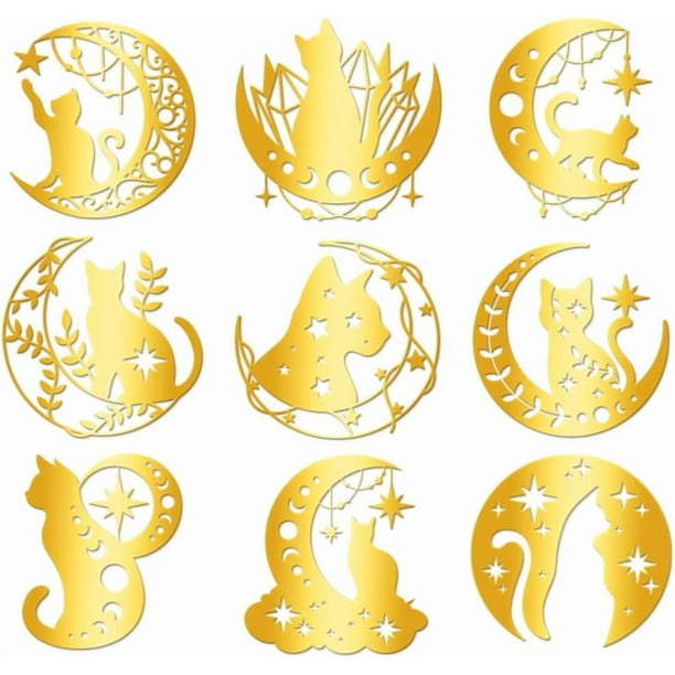 9 pegatinas autoadhesivas doradas de 4 x 4 cm con diseño de estrellas y luna y gato, calcomanía metálica impermeable para decorar con fases lunares.