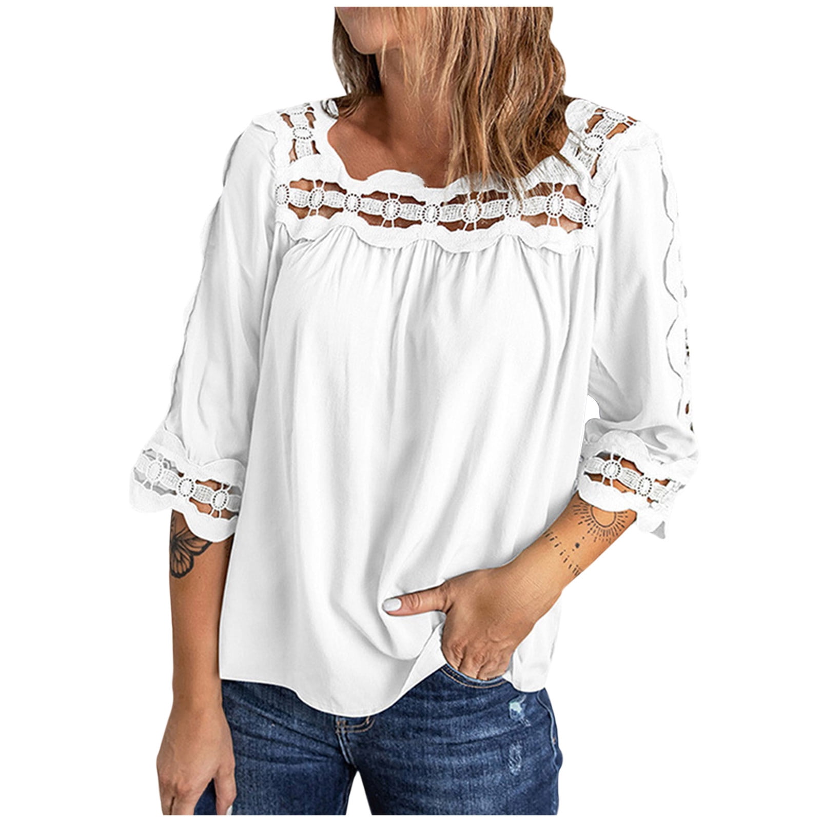 Lovskoo Summer Tops for Women Half Sleeve Pullover Lace Casual Solid ...
