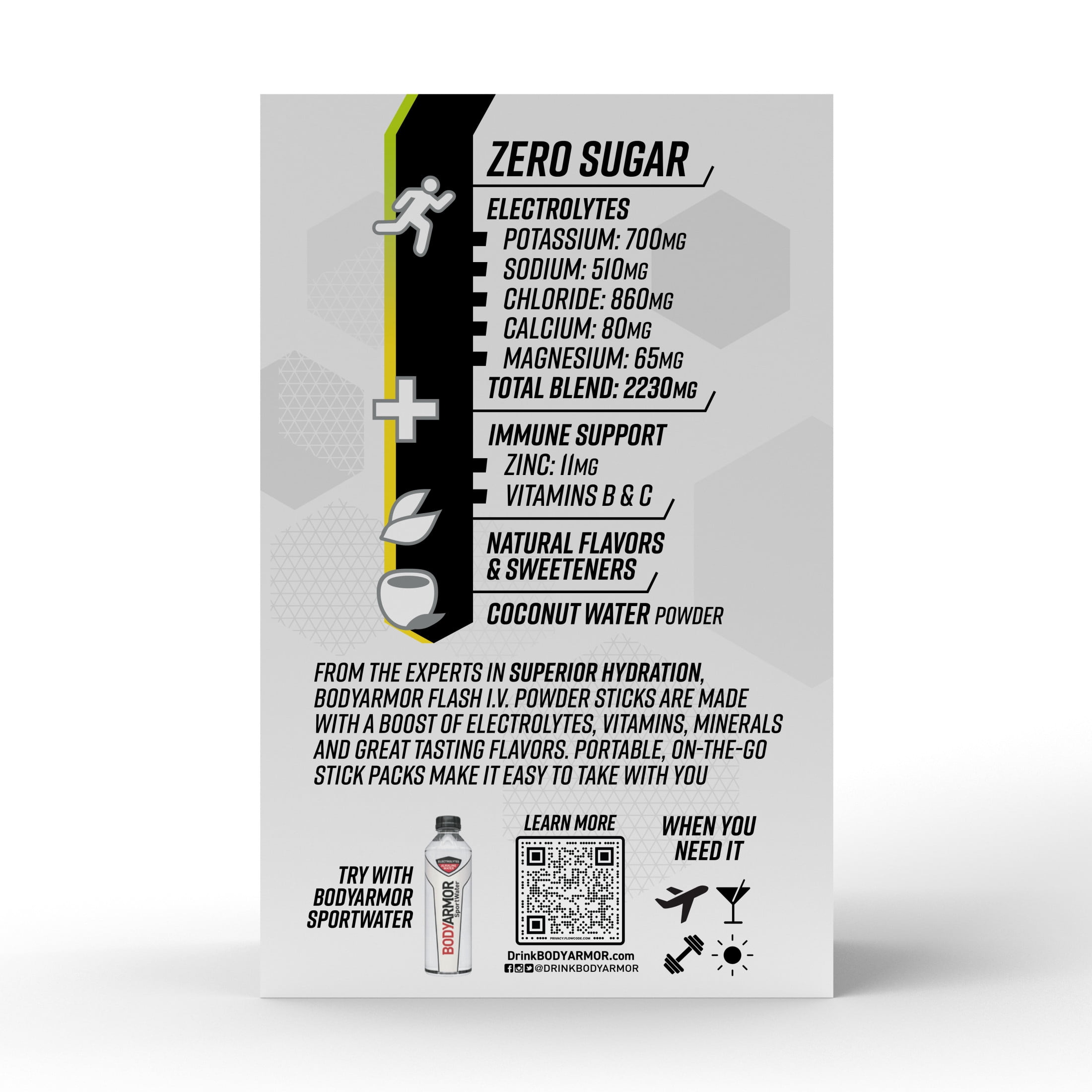BODYARMOR Flash I.V. Lemon Lime Zero Sugar Electrolyte Powder Mix, 0.25 dry oz, 6 Pack
