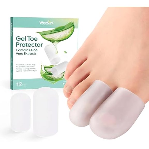 Gel Toe Cap and Protector - Silicone Toe Covers - Toe Cushions for Pain Relief, Missing or Ingrown Toenails, Corns, Calluses, Blisters - Infused Aloe Vera Extract (4 Large   8 Medium, Clear)