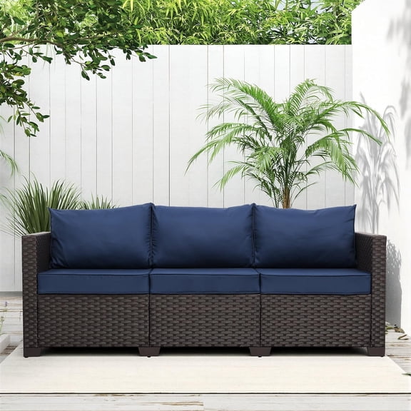 Patio Furniture 3-seat Sofa Brown Wicker Outdoor Furniture Outdoor Couch Deep Seat High Backrest Waterproof Cover Anti-Slip Washable Cushions, Navy Blue