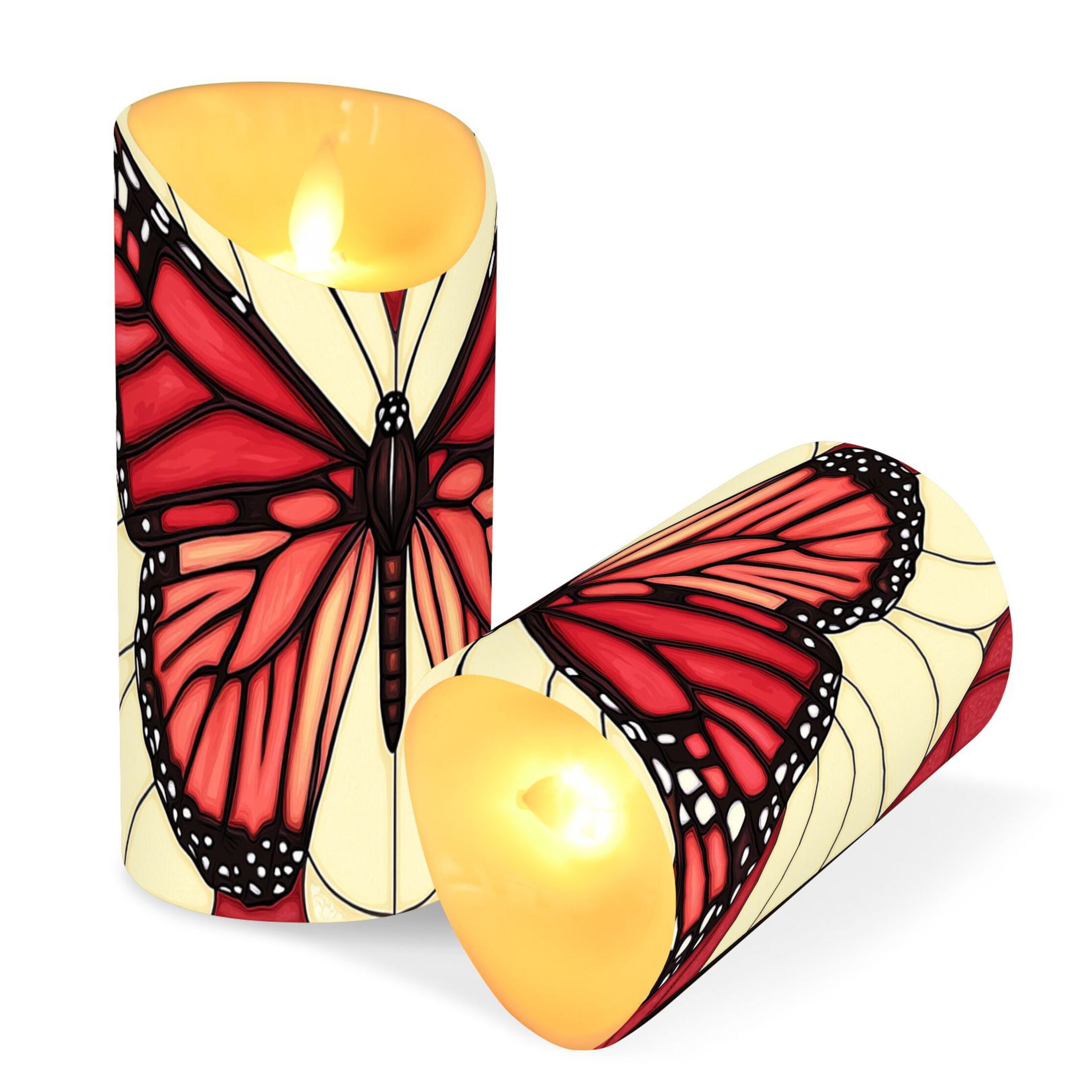 Stained Glass Butterfly Pattern Flameless Candles 2 PCS with Remote Realistic Moving Flame LED Tapered Pillar Set for Home Decor
