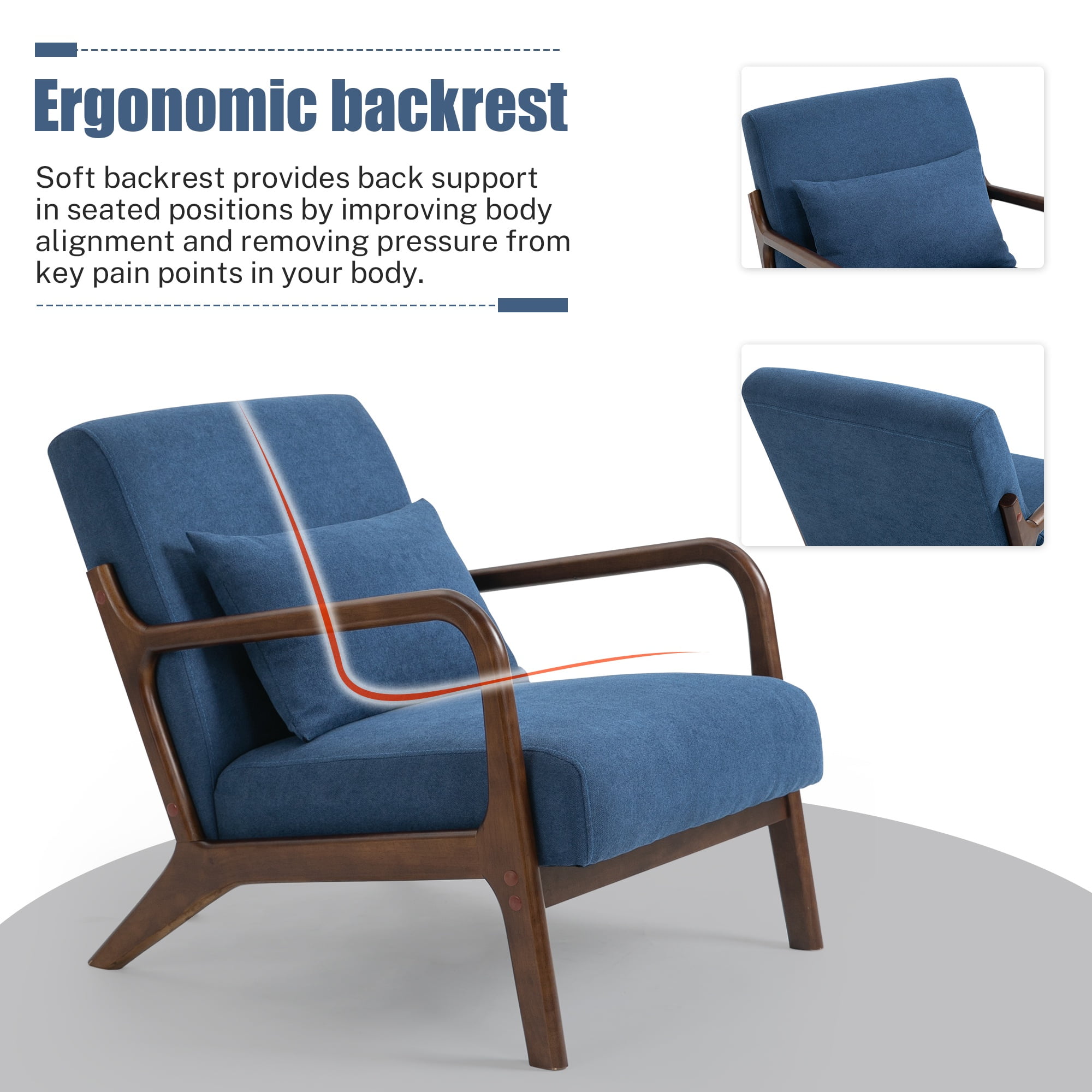 PAPROOS Mid-Century Modern Accent Chair, Velvet Fabric Arm Chair with Wood Frame and Pillow, Upholstered Armchair Comfort Reading Chair Lounge Chair for Living Room Bedroom Sunroom, Navy
