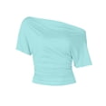 thumbnail image 4 of Rggeeun Women's T-Shirts Solid Color Off The Shoulder Square Neck Short Sleeve Loose Fit Soft Lightweight for Summer Workout Stylish Tee,Blue,L, 4 of 4