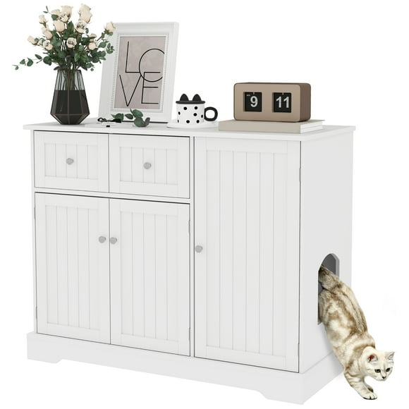 PawHut Cat Litter Box Enclosure with Drawer, Storage, Anti-tip Kit, White