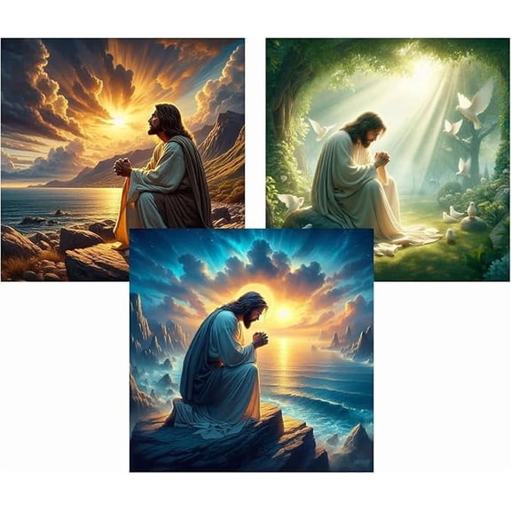 Diamond Art Kits for Adults Beginner, 3 Pack Jesus Seashore Prayer Diamond Painting Kits 5D Diamond Dots Gem Art Crafts with Tools Round Full Drill Funny Crafts for Home Wall Decor&Gift