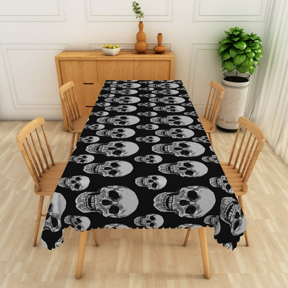 SUNOLIFE Halloween Tablecloth Rectangular Black Skull Skeleton Table Cloth Cover 54x72 Inch