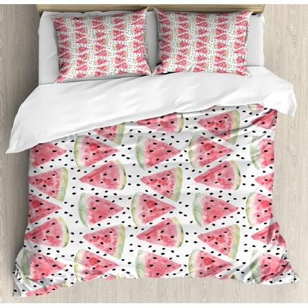 Watercolor Duvet Cover Set Queen Size, Pattern of Sweet Juicy Pieces Watermelon with Seed Tropical Summer, Decorative 3 Piece Bedding Set with 2 Pillow Shams, Coral Pale Green Black, by Ambesonne
