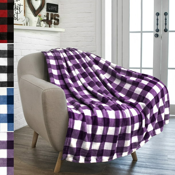 PAVILIA Buffalo Check Fleece Throw Blanket Purple White Checkered